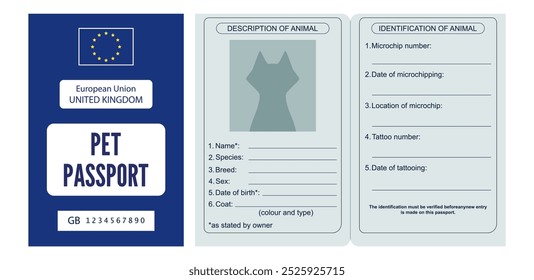 Passaporte para animais de estimação. Passaporte para animais de companhia da União Europeia do Reino Unido com página de descrição e identificação do animal