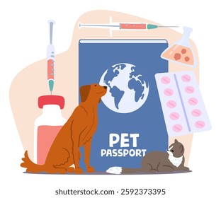 Pet passport for travel, veterinary document for dogs and cats domestic animals cartoon vector illustration. Vaccination, immunization, anti-rabies treatment and health care to-do list confirmation