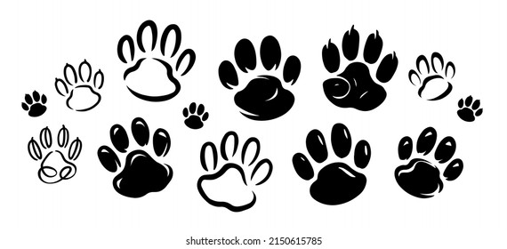 Pet paw black prints. Animals symbol. Vector icon set