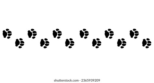 Pet paw black prints trail. Seamless border with domestic dog or cat cute footprints silhouette. Vector illustration isolated on white background.