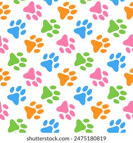 Pet Paw Colorful Seamless Pattern. Cat and Dog Imprints Background. Dog Day, Cat Day, Pets Day Backdrop.