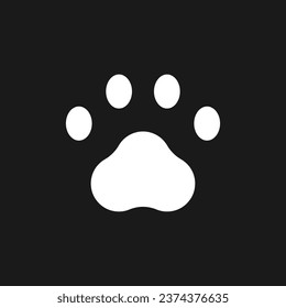Pet paw dark mode glyph ui icon. Goods for domestic animals. User interface design. White silhouette symbol on black space. Solid pictogram for web, mobile. Vector isolated illustration