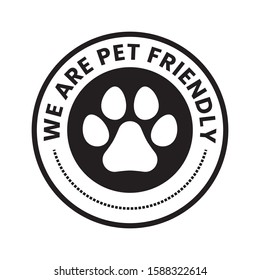 Pet paw or dog label, stamp or sticker with pet friendly text. Pet paw icon. Dog track inside circle. Vet clinic, shop label, sticker, logo