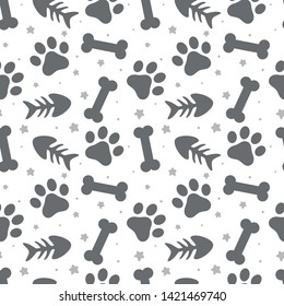 pet paw, fish bone and dog bone seamless pattern background, 
animal vector illustration