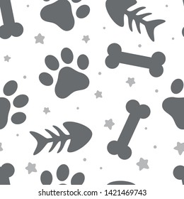 pet paw, fish bone and dog bone seamless pattern background, 
animal vector illustration