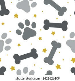 pet paw, fish bone and dog bone seamless pattern background, 
animal vector illustration