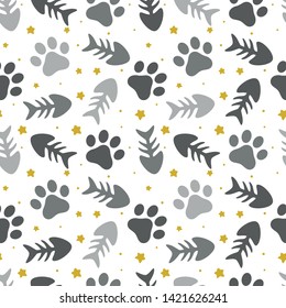 pet paw, fish bone and dog bone seamless pattern background, 
animal vector illustration