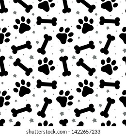 pet paw, fish bone and dog bone seamless pattern background, 
animal vector illustration