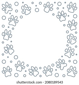 Pet Paw Footprints Round Minimal Frame in outline style - Animal Paws Foot Prints concept background or Border. Vector illustration