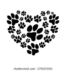  pet paw hart pattern background. Dog or cat paw illustration footprint.