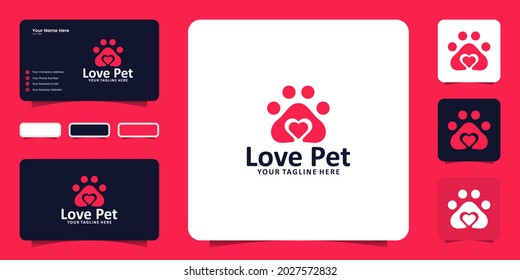 pet paw and heart logo design inspiration and business card