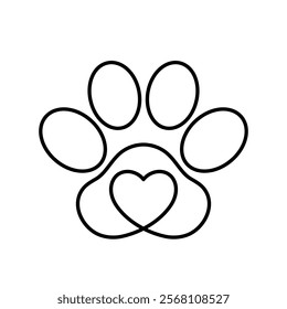 pet paw with heart, vet logo, cats or dogs care symbol, black line editable stroke vector icon