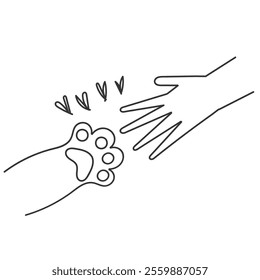 pet paw and human hand in doodle sign cartoon