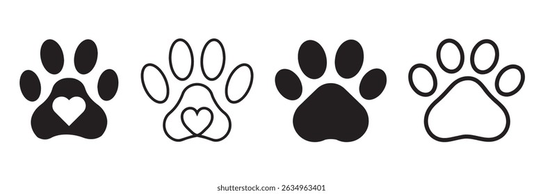 Pet paw icon set. Footprints, cat or dog paw icon silhouette vector illustration. Paw icon outline. Vector illustration.