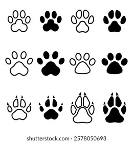 Pet paw icon set vector illustration. Dog or cat paw. Paw print sign. Line anda cut out style. For mobile concept and web design. Pets and animals, veterinary sign, symbol. White background