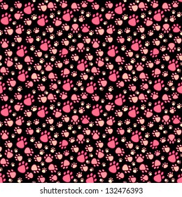 Pet paw imprint vector seamless pattern in pink and black colors