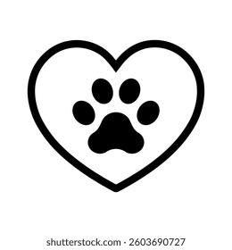Pet paw in line heart vector logo flat symbol on white background. Cat or dog paw, love animal silhouette icon. Veterinary medicine concept.	