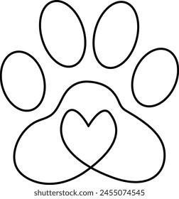  Pet Paw Outline with A Heart Vector Illustration