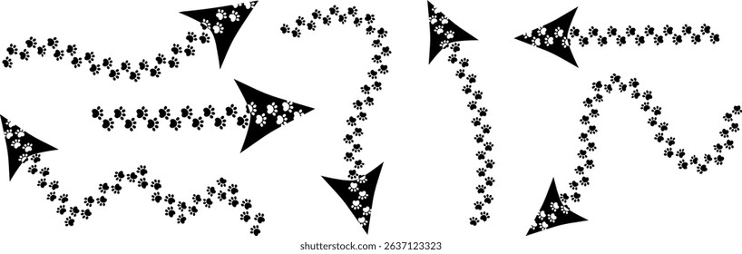 pet paw print arrows vector set isolated animal foot trail pointers for web design decor navigation tracking digital elements