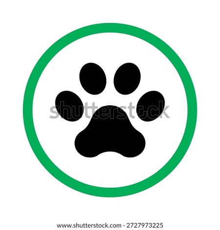 Pet paw print in green circle sign on white background. Veterinary care, animal symbol. 