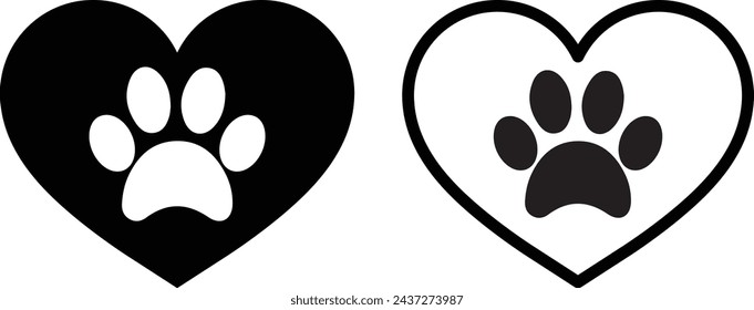Pet paw print and heart icon set in two styles isolated on white background . paw print dog vector and heart