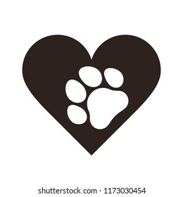 Pet paw print in heart isolated on white background