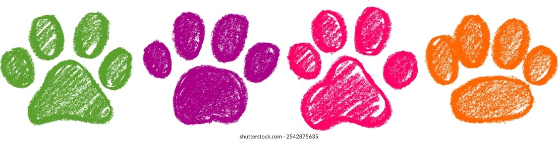 Pet Paw Print Icon Crayon Chalk Drawing Vector Set