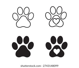 Pet Paw Print Icon Set, Dog and Cat Paw Symbols with Heart Outline and Solid Shapes