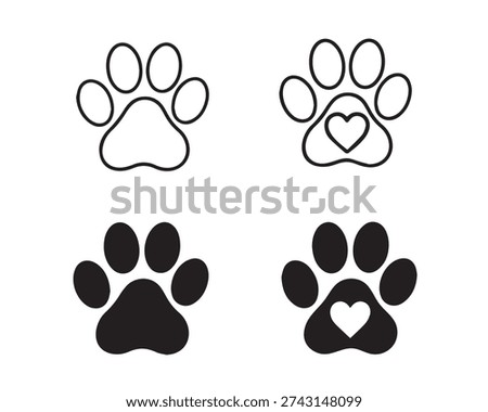 Pet Paw Print Icon Set, Dog and Cat Paw Symbols with Heart Outline and Solid Shapes