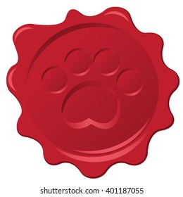 Pet paw print official wax stamp. Seal of pet approval. EPS 10 vector.