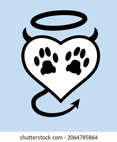 Pet paw print on background of heart with wings, print, sticker, icon 