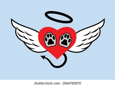 Pet paw print on background of heart with wings, print, sticker, icon 