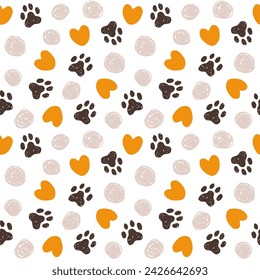 Pet paw print seamless pattern with circles and hearts. Hand drawn textured cat, dog repeat vector background. Animal print for fabric, paper design.