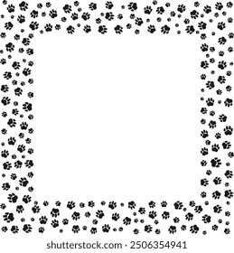 Pet paw print square frame with blank space for text and images Black silhouette track of dog or cat paw prints. Frame with paw prints of pets for decoration of shop windows, websites, etc. Vector