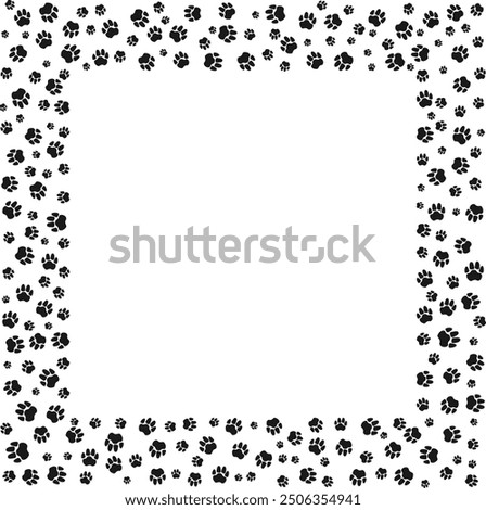 Pet paw print square frame with blank space for text and images Black silhouette track of dog or cat paw prints. Frame with paw prints of pets for decoration of shop windows, websites, etc. Vector