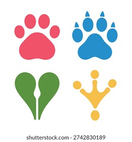 Pet paw print vector icons in colors, dog and cat tracks with heart shapes, veterinary clinic logo, adoption campaign graphics