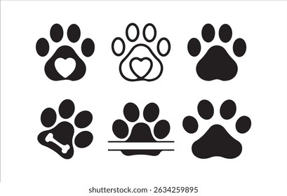 Impressão de pata animal com desenhos de coração e osso - Ilustração vetorial eps 10