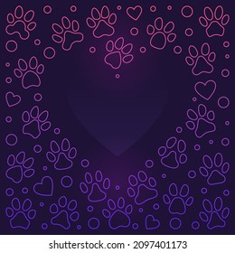 Pet Paw Prints Heart-shaped colorful Frame - Animal Footprints vector background or illustration in thin line style 