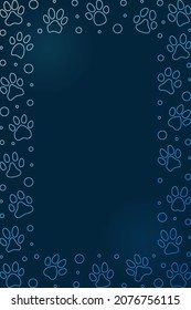 Pet Paw Prints Vertical Blue Frame or Border - vector illustration with Animal Footprints line signs