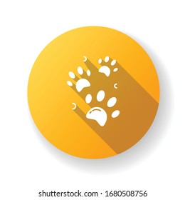 Pet paw prints yellow flat design long shadow glyph icon. Animal footprints. Dog walk trail. Track of cat steps. Bear pawprint. Puppy foot. Shelter sign. Zoo symbol. Silhouette RGB color illustration