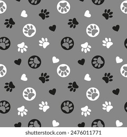 Pet paw seamless pattern. Vector illustration with paw and hearts on grey background. Decorative print for wallpapers, wrapping, cards, patterns for clothes and other.