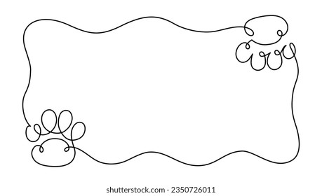 Marco de una sola línea de pepita. Animales domésticos - huella de perro o gato fondo de contorno blanco y negro. Ilustración vectorial aislada en fondo blanco.