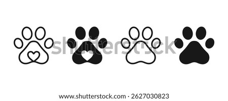 Pet paw vector icon. Footprints pet paw icon. Heart with pet paw print dog, cat icon. Animal paw print vector illustration