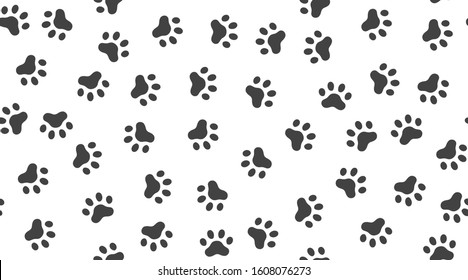 Pet Paw Vector Seamless Pattern With Flat Icons. Black White Color Animal Tracks Texture. Dog, Cat Footprint Background, Abstract Foot Print Silhouette Wallpaper For Veterinary Clinic.