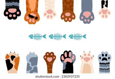 Pet paws background. Cats want fish skeleton. Different kittens foots, cartoon cat or tiger paw with claws. Animal abstract decent vector banner