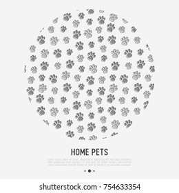Pet paws concept in circle with place for text. Thin line vector illustration for pet shop, training. shelter.