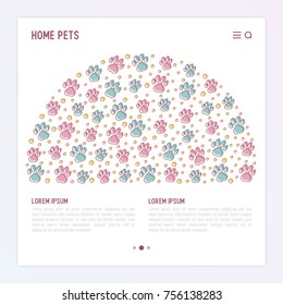 Pet paws concept in half circle with place for text. Thin line vector illustration for pet shop, training. shelter.