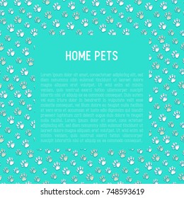 Pet paws concept with place for text. Thin line vector illustration for pet shop, training. shelter.