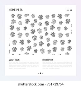 Pet paws concept with place for text. Thin line vector illustration for pet shop, training. shelter.