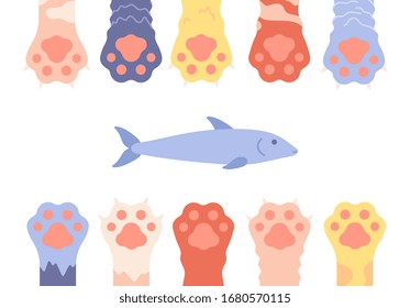  Pistolas de mascotas. El gato gracioso es el fondo. Patas y peces silvestres aislados, marco de huellas de gatito. Banner vectorial de tienda veterinaria o de mascotas